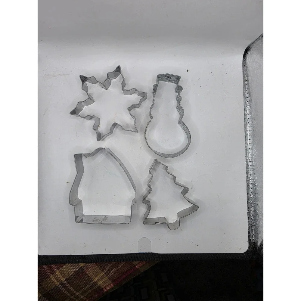 Vintage Silver Metal Holiday Cookie Cutter Set Snowflake Snowman Tree House 4pc